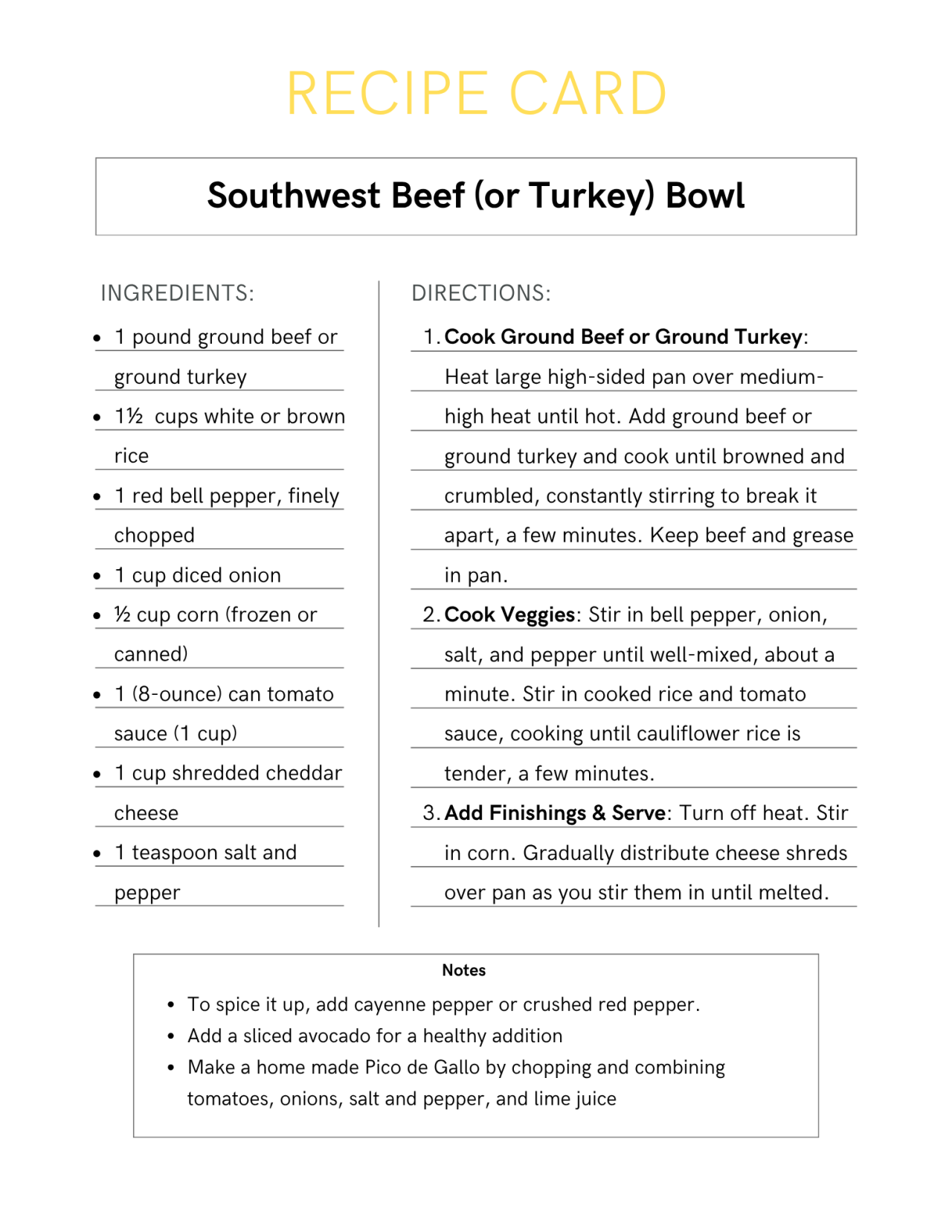 Recipe #1: Southwest Beef or Turkey Bowl