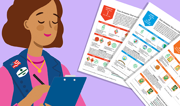 Illustration of a Girl Scout volunteer with a checklist